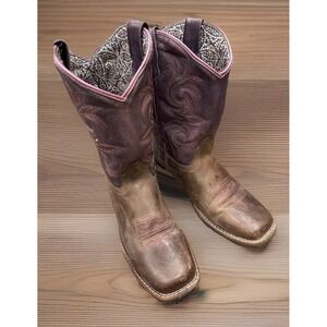 GIRLS DAN POST COWBOY SQUARE TOE BROWN Leather Pink BOOTS SIZE Youth 4 D